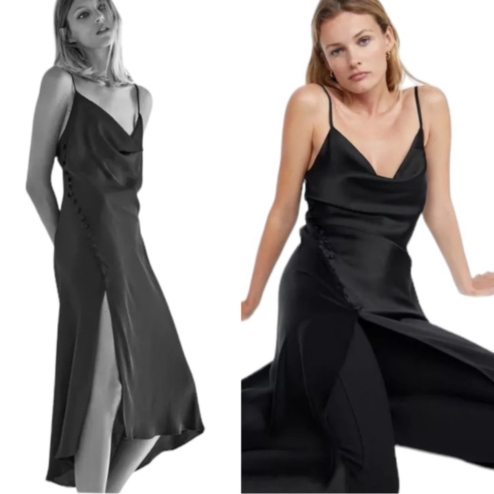 NEW Zara Black Satin Camisole Draped Neck Button Detail Slip Midi Dress - M
